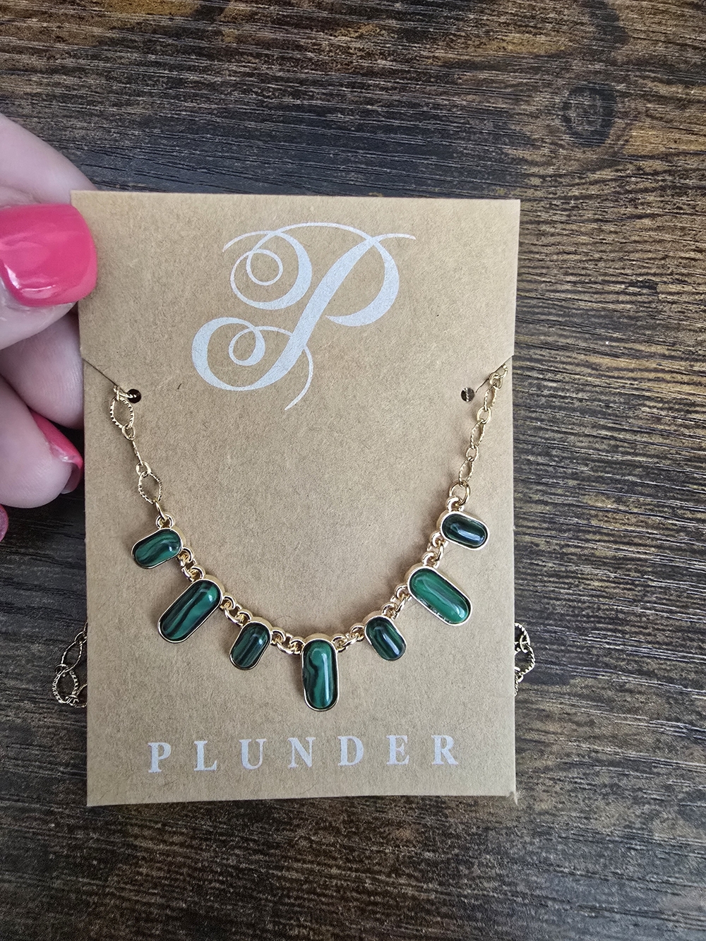 Plunder Gold Necklace with Emerald Green Stone Charms